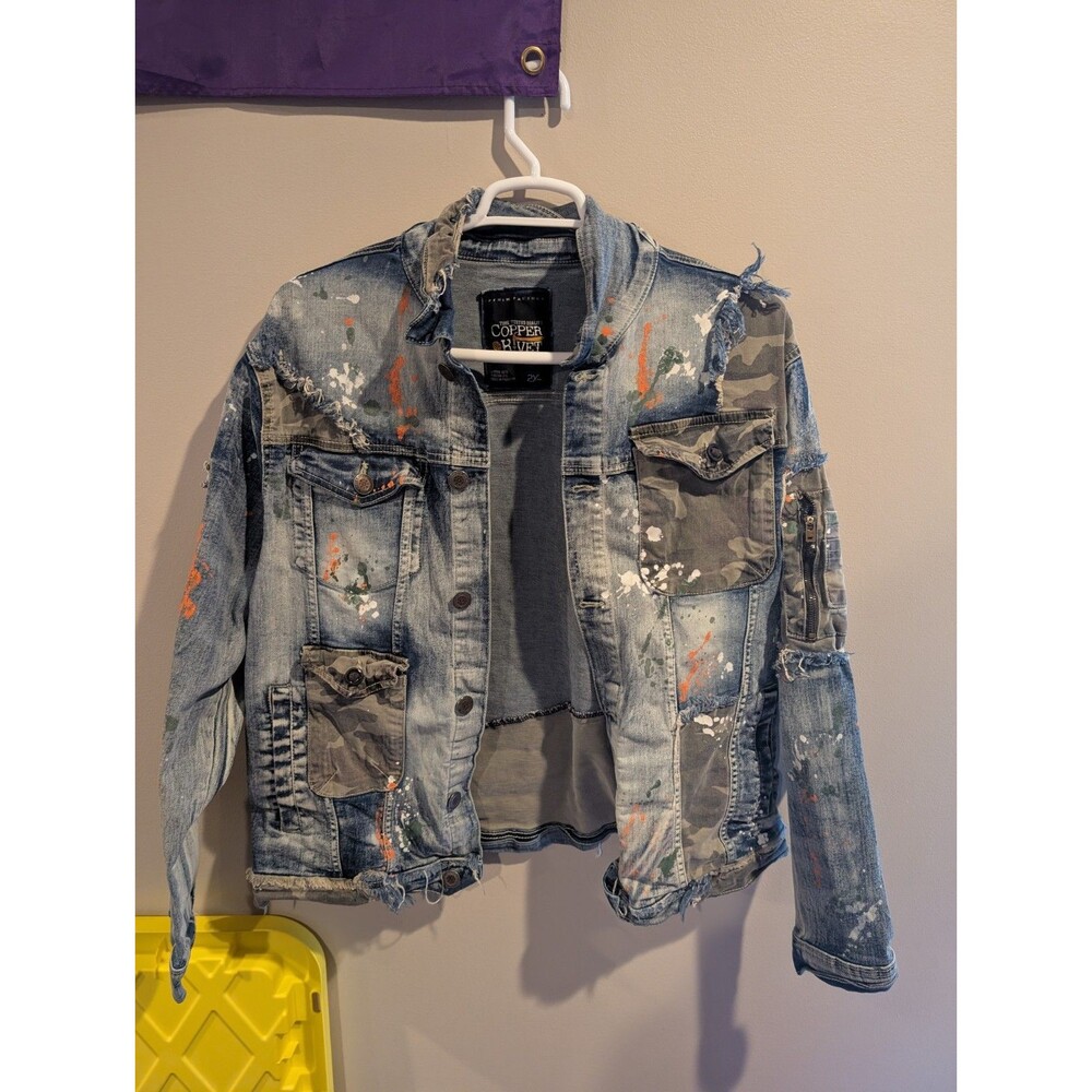 Copper Rivet 2xl Paint Splatter Denim Blue Jacket Camo Patchwork Streetwear